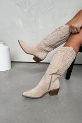 KANSAS Knee High Western Cowboy Boots - Beige - 5