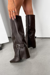 KARLEY Knee High Buckle Boots - Brown PU