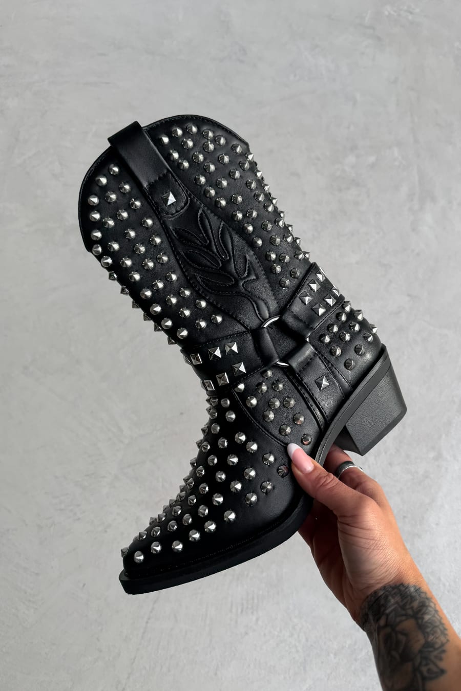 KARRIE Studded Western Cowboy Ankle Boots - Black