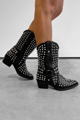 KARRIE Studded Western Cowboy Ankle Boots - Black - 3