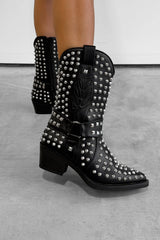 KARRIE Studded Western Cowboy Ankle Boots - Black - 4