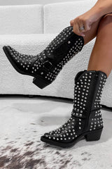 KARRIE Studded Western Cowboy Ankle Boots - Black - 5