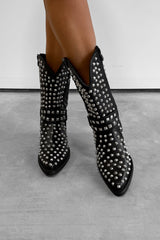 KARRIE Studded Western Cowboy Ankle Boots - Black - 2
