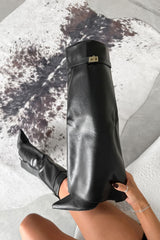 KEIRA Fold Over Flared Knee High Boots - Black PU - 1