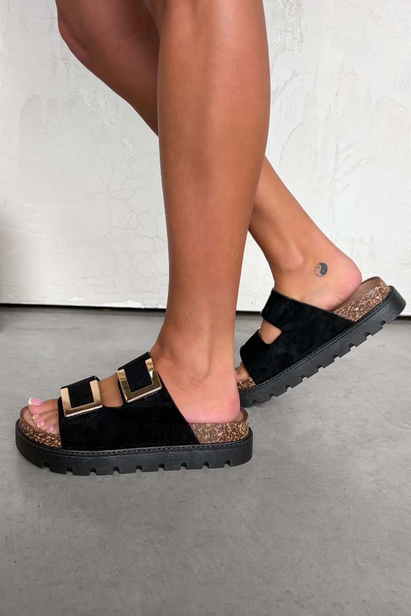 KIANA Chunky Gold Buckle Sandals - Black - 2