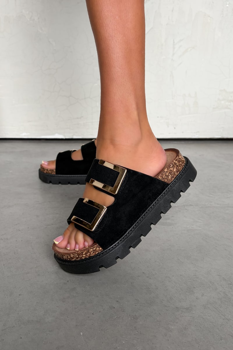 KIANA Chunky Gold Buckle Sandals - Black - 3