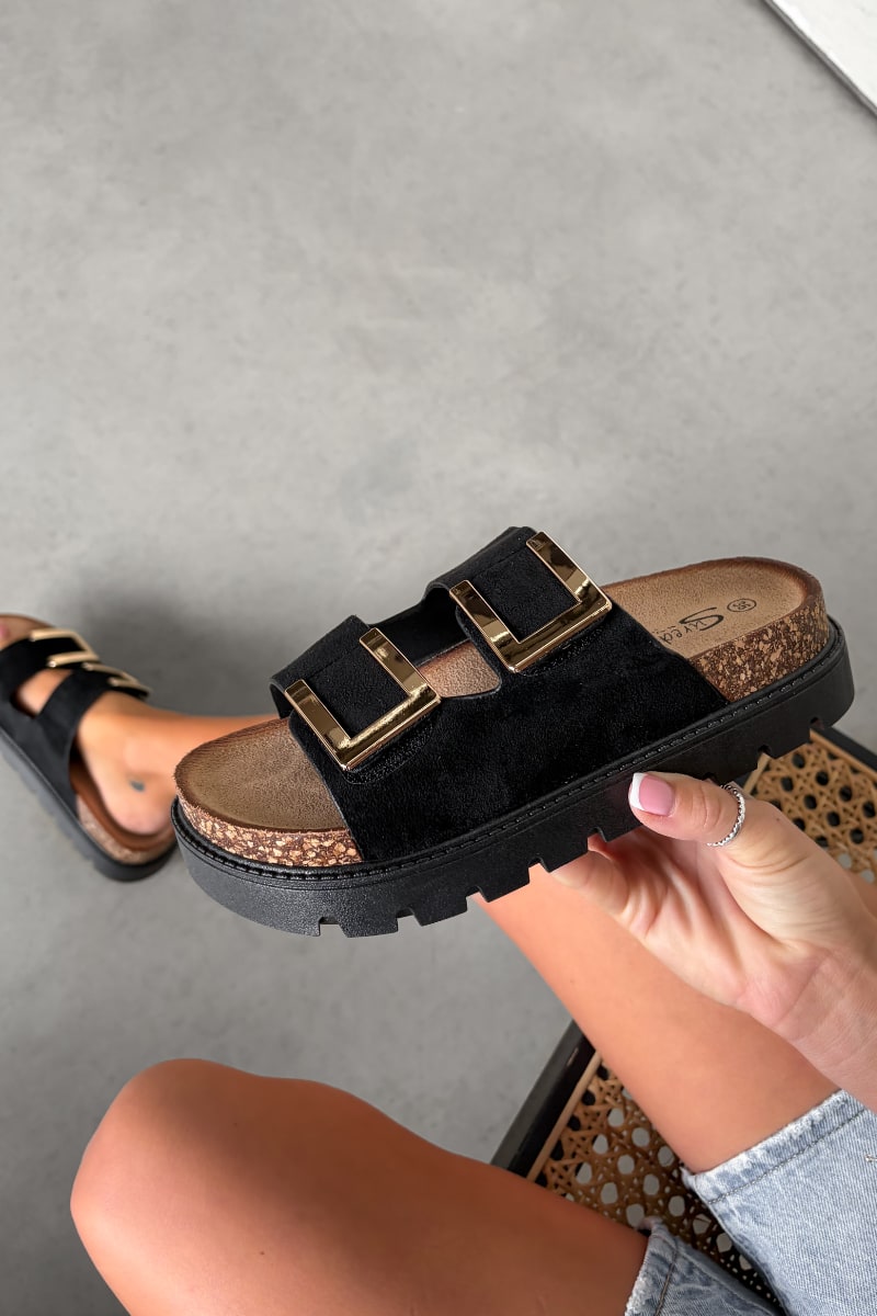 KIANA Chunky Gold Buckle Sandals - Black - 1