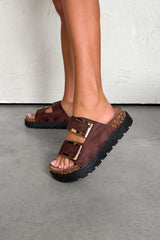 KIANA Chunky Gold Buckle Sandals - Brown - 3