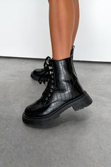KIANNA Chunky Military Boots - Black Croc - 2
