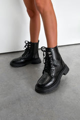 KIANNA Chunky Military Boots - Black Croc - 4