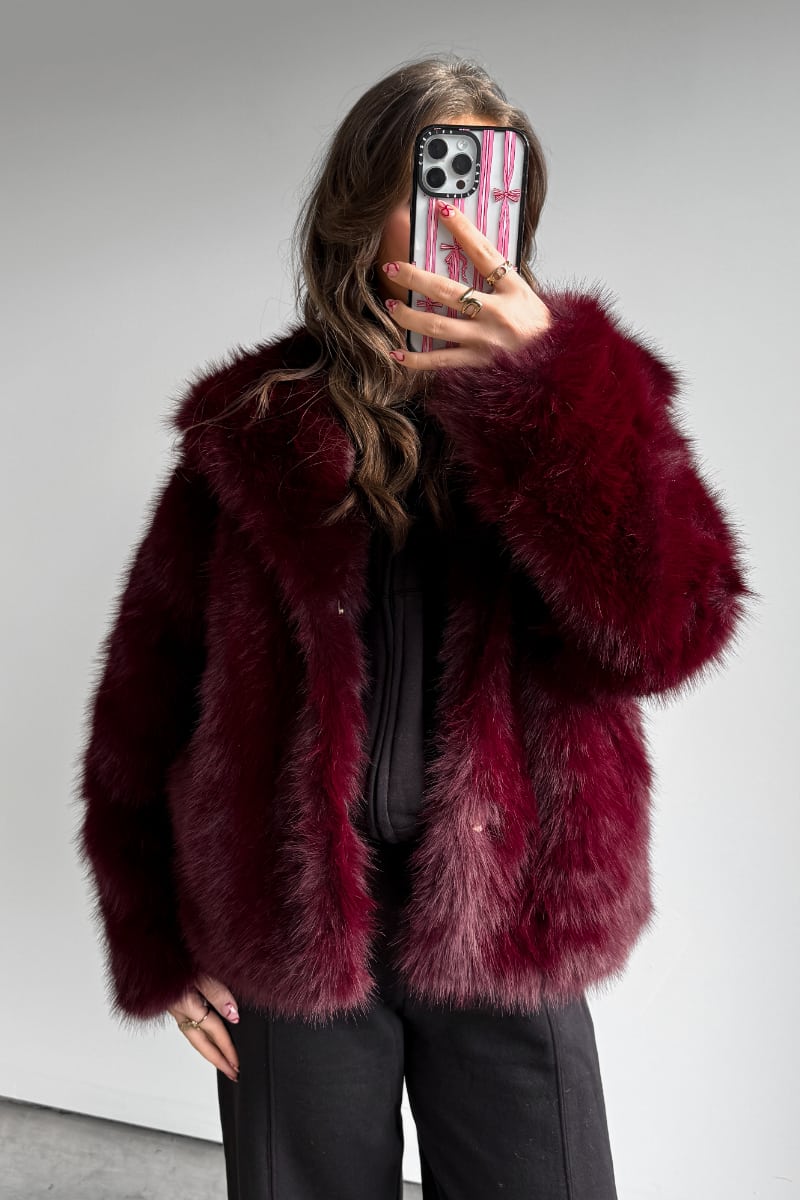 KIARNA Faux Fur Jacket - Burgundy Red - 4
