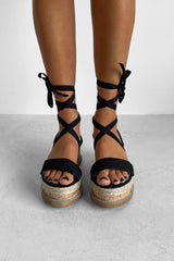 KICKING BACK Tie Up Espadrille Sandals - Black - 1