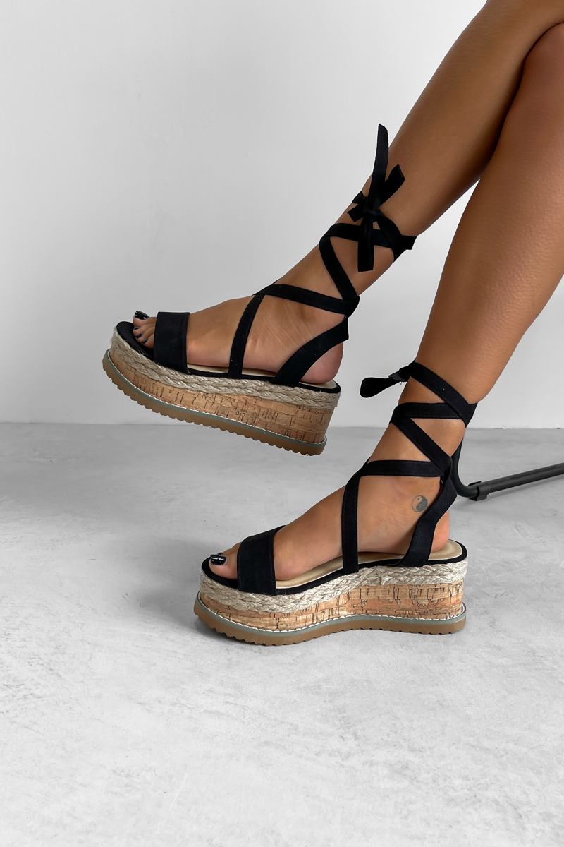 KICKING BACK Tie Up Espadrille Sandals - Black - 3