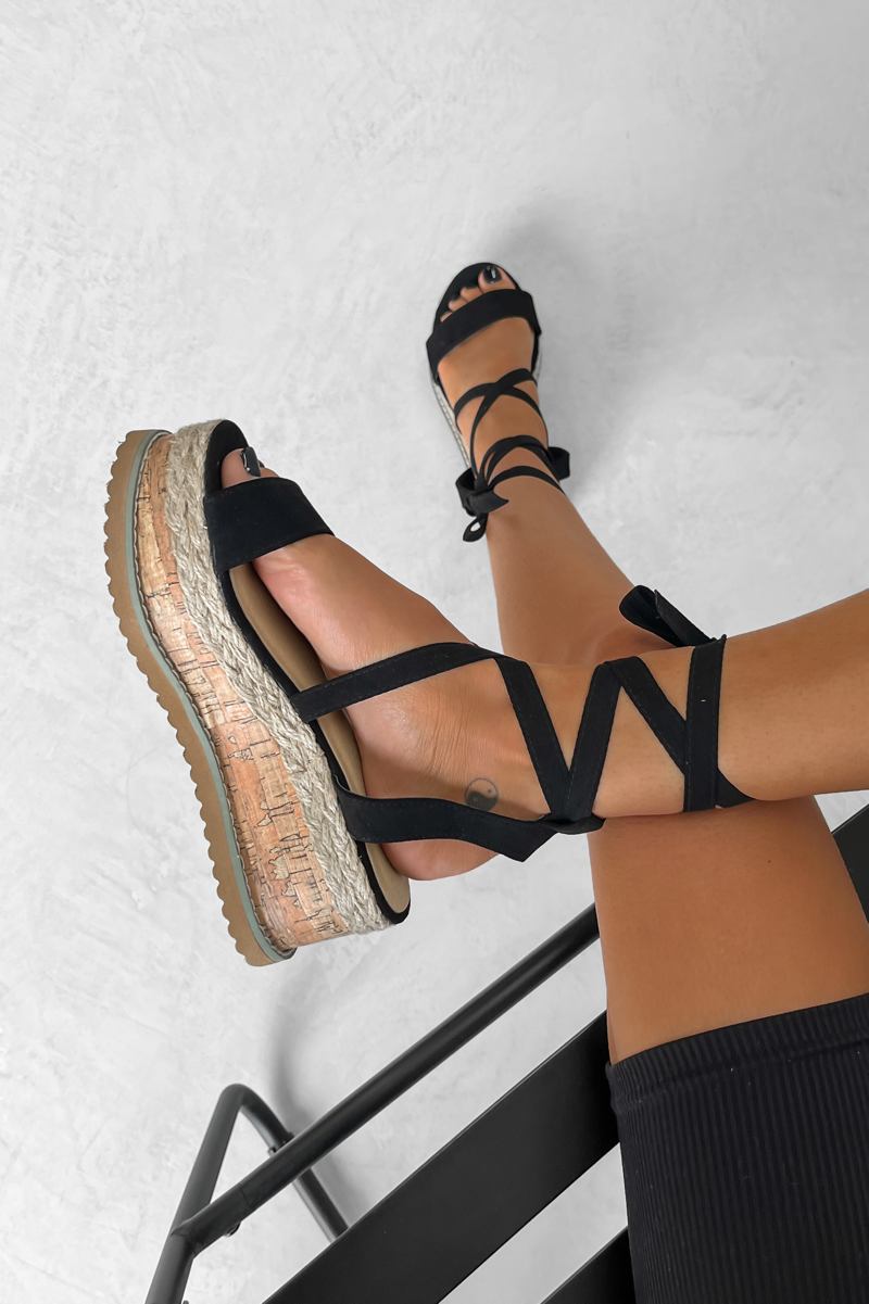 KICKING BACK Tie Up Espadrille Sandals Black AJ VOYAGE