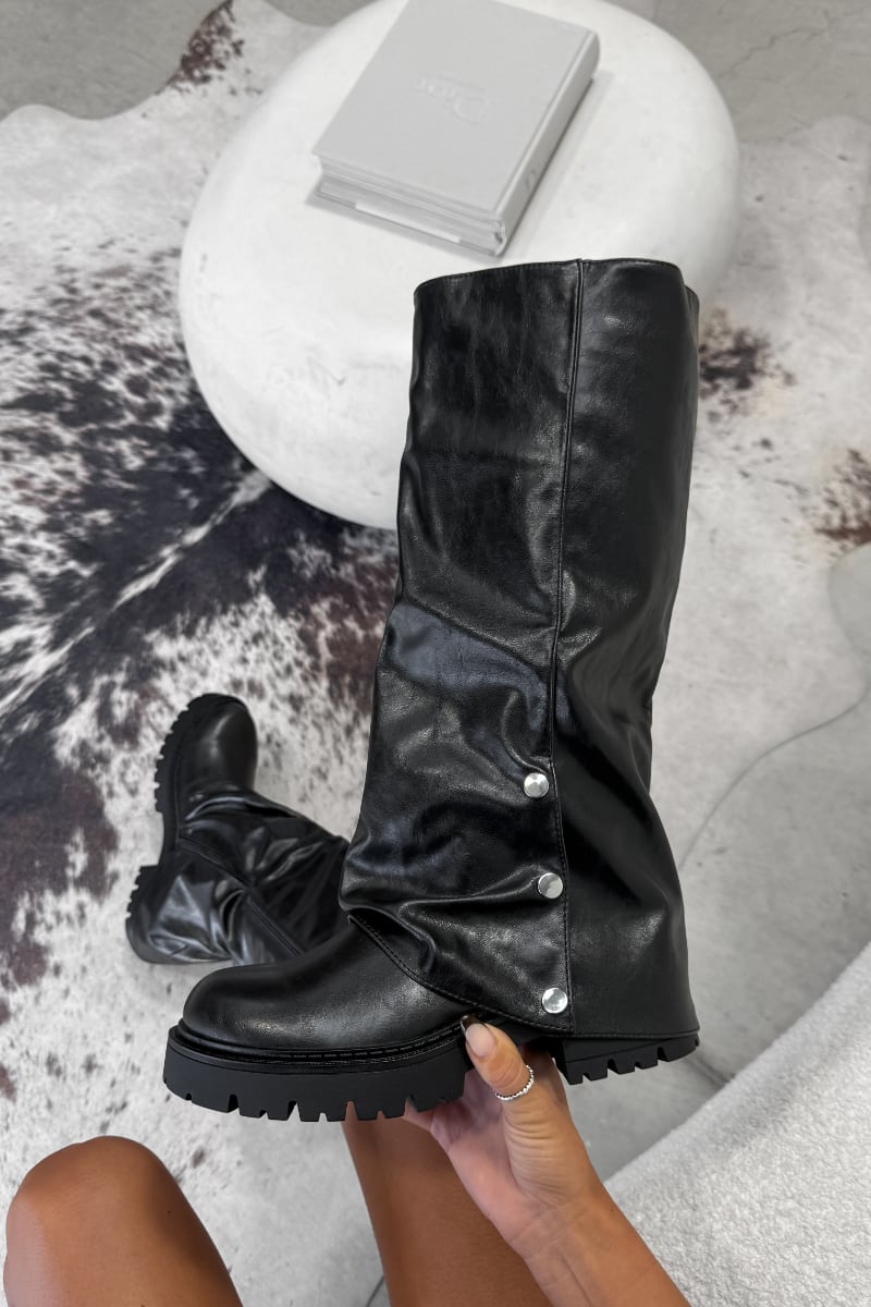 KIKO Flared Studded Knee High Chunky Boots - Black PU