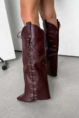 LEAH Knee High Lace Up Boots - Burgundy PU