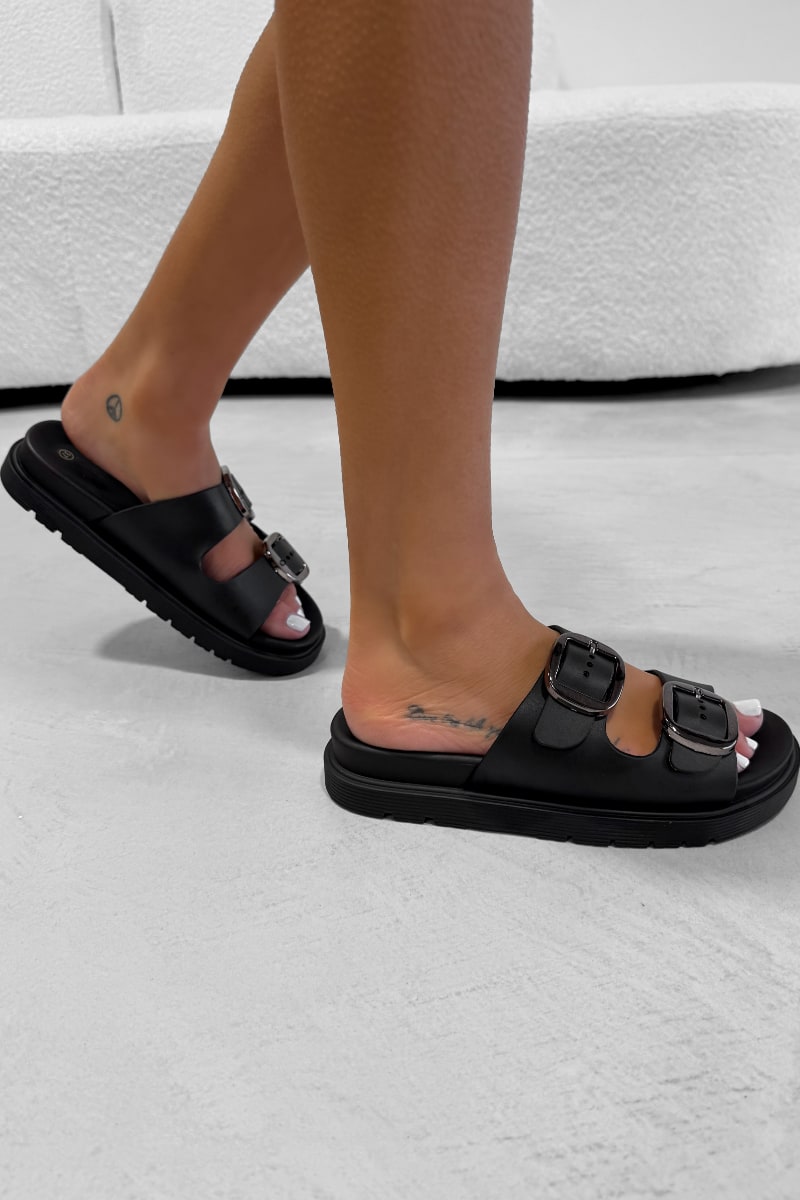 LEAH Chunky Buckle Sandals - Black - 2