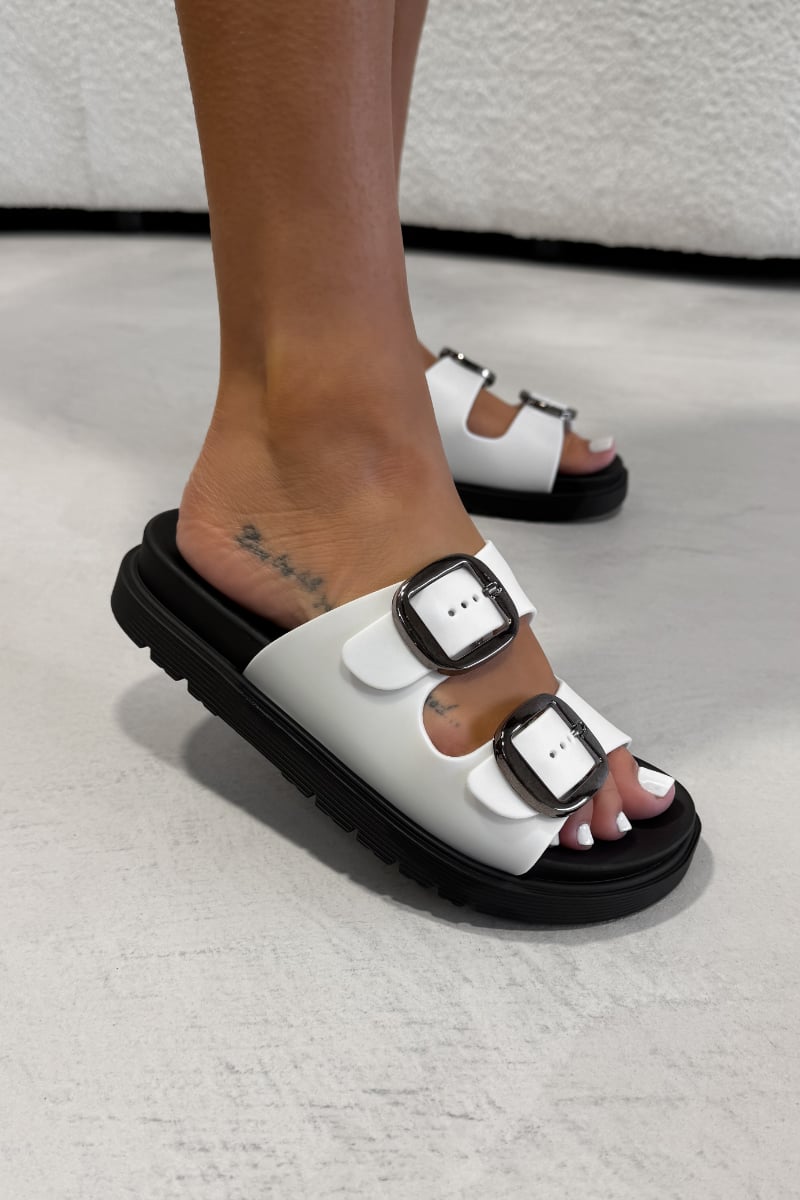 LEAH Chunky Buckle Sandals - White - 2