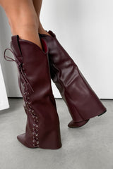 LEAH Knee High Lace Up Boots - Burgundy PU