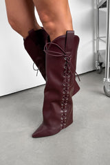 LEAH Knee High Lace Up Boots - Burgundy PU