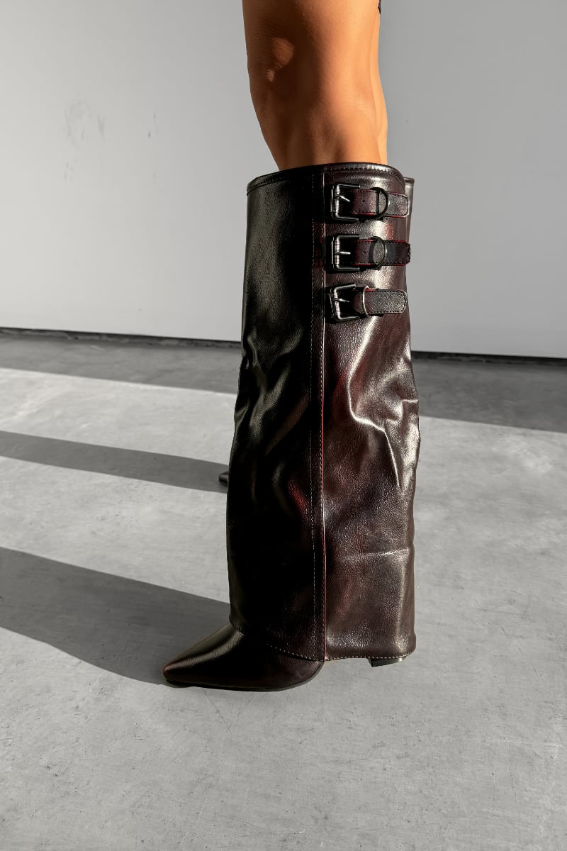 Burgundy buckle boots store