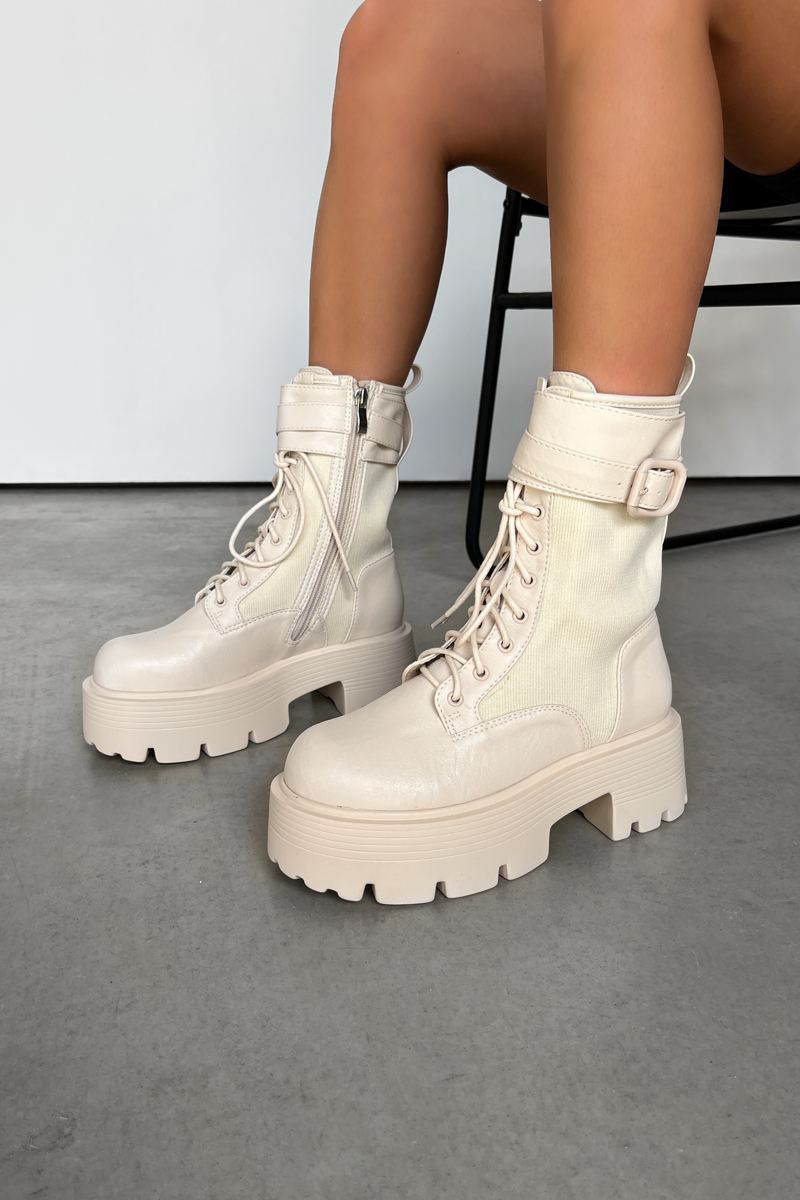 LEONNA Chunky Buckle Ankle Boots - Beige - 3