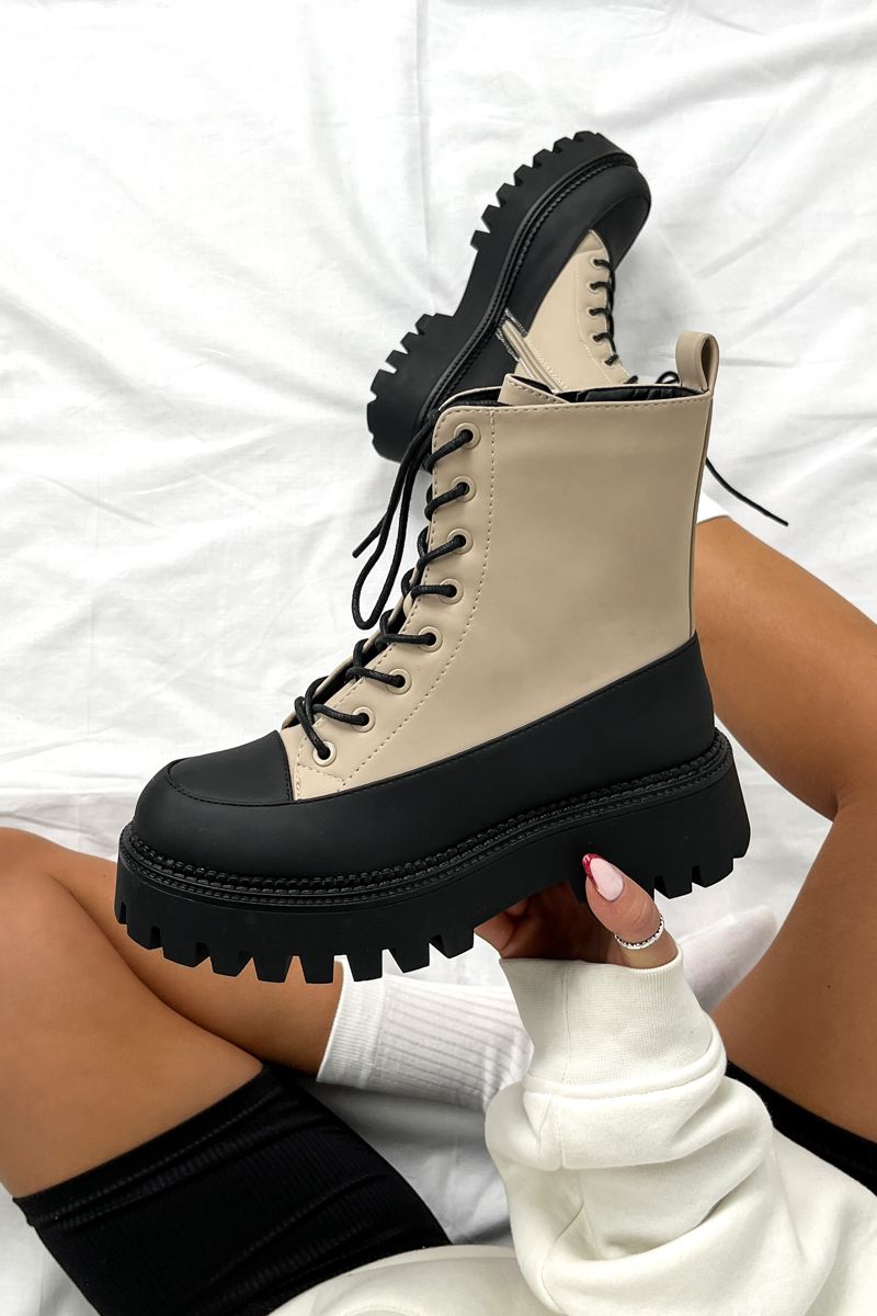 LEVEL UP Chunky Lace Up Ankle Boots - Beige - 7