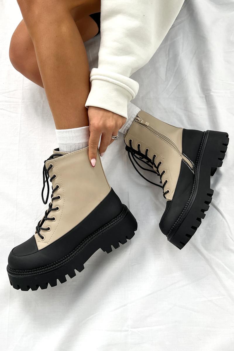 LEVEL UP Chunky Lace Up Ankle Boots - Beige - 8
