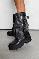 LEVEL UP Studded Flared Chunky Boots - Black - 4