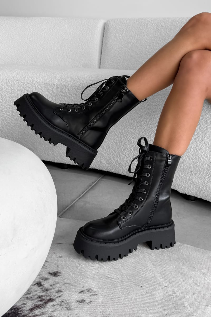 LEXUS Chunky Platform Zip Ankle Boots - Black PU - 3
