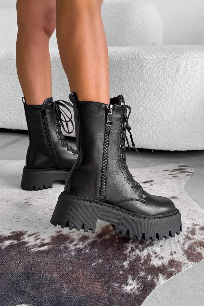 LEXUS Chunky Platform Zip Ankle Boots - Black PU - 1