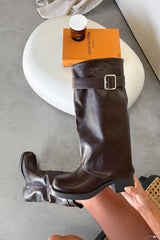 LIBBY Flared Knee High Boots - Brown PU - 2