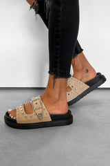 LIBERTY Chunky Studded Western Buckle Sandals - Beige-2