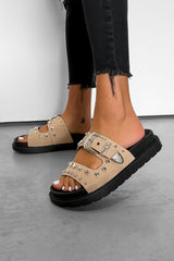 LIBERTY Chunky Studded Western Buckle Sandals - Beige-1