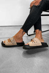 LIBERTY Chunky Studded Western Buckle Sandals - Beige-3