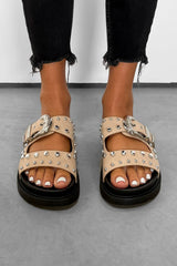 LIBERTY Chunky Studded Western Buckle Sandals - Beige-4