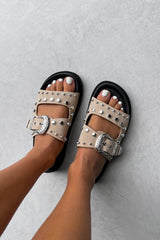 LIBERTY Chunky Studded Western Buckle Sandals - Beige - 5