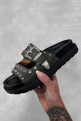 LIBERTY Chunky Studded Western Buckle Sandals - Khaki-4