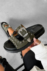 LIBERTY Chunky Studded Western Buckle Sandals - Khaki