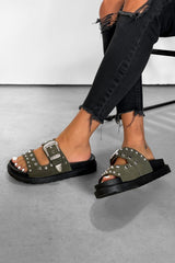 LIBERTY Chunky Studded Western Buckle Sandals - Khaki-2