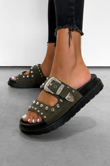 LIBERTY Chunky Studded Western Buckle Sandals - Khaki-1