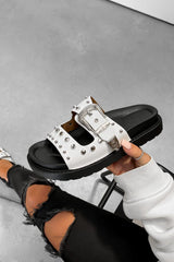 LIBERTY Chunky Studded Western Buckle Sandals - White