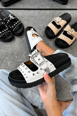 LIBERTY Chunky Studded Western Buckle Sandals - White - 5