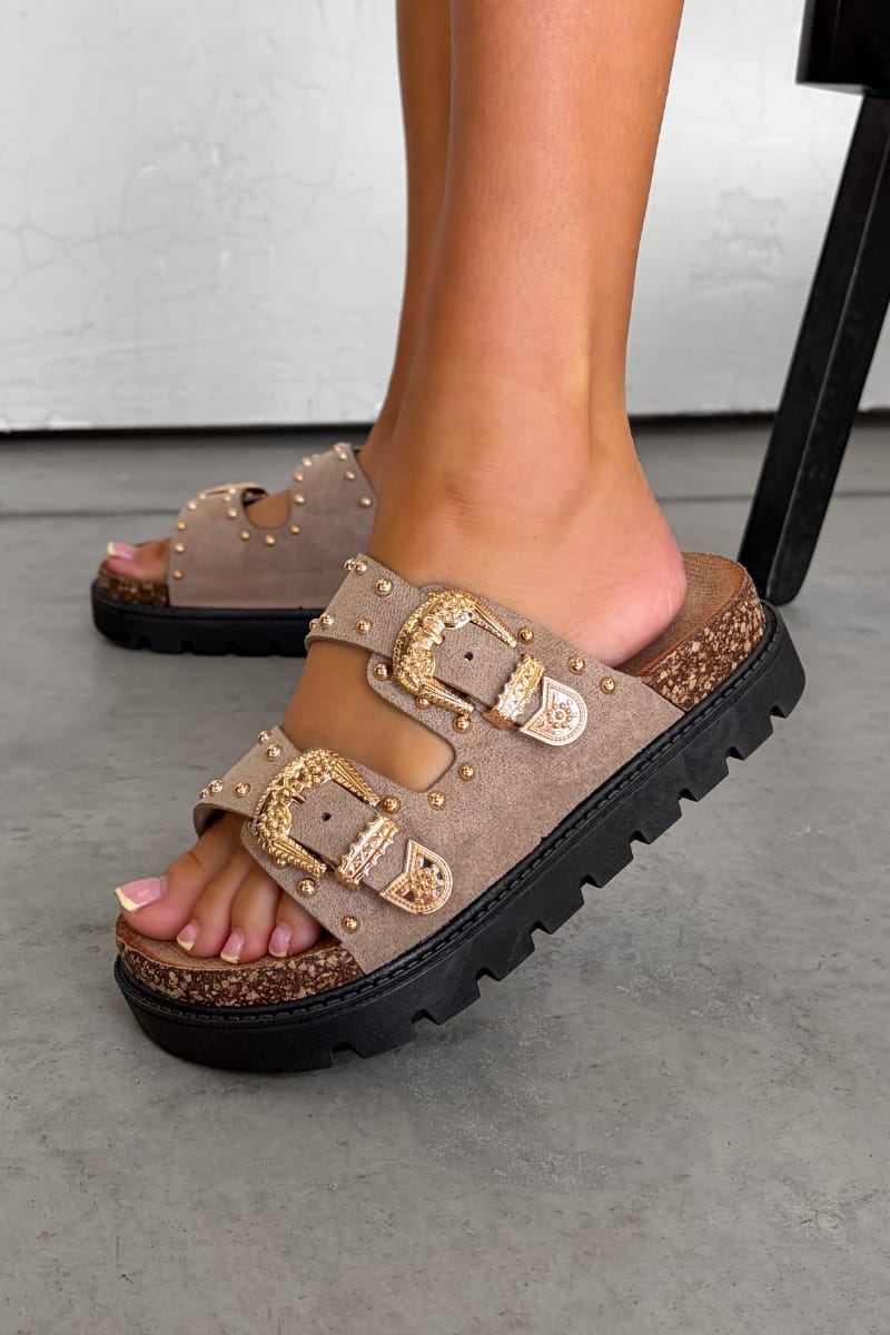 LILA Chunky Studded Buckle Sandals - Beige - 1