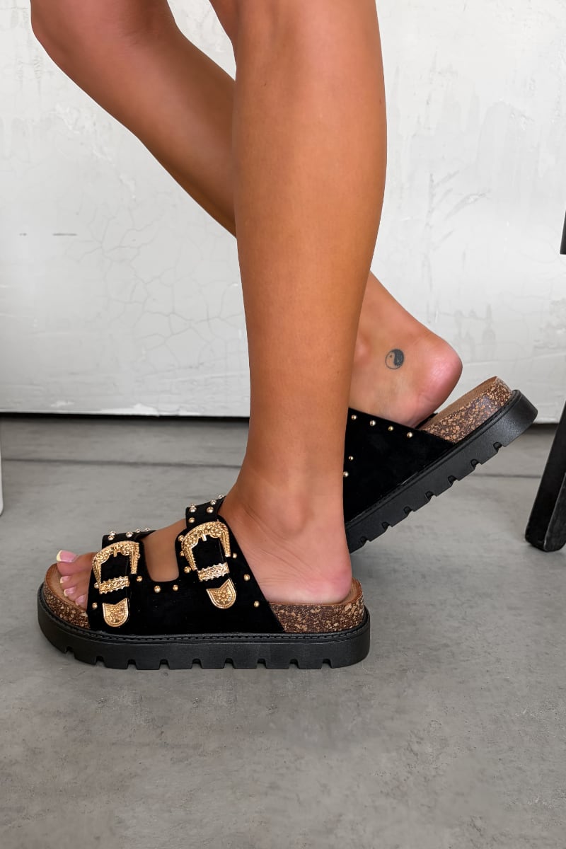 LILA Chunky Studded Buckle Sandals - Black - 2