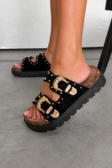 LILA Chunky Studded Buckle Sandals - Black - 1