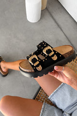 LILA Chunky Studded Buckle Sandals - Black