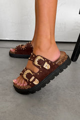 LILA Chunky Studded Buckle Sandals - Black - 1