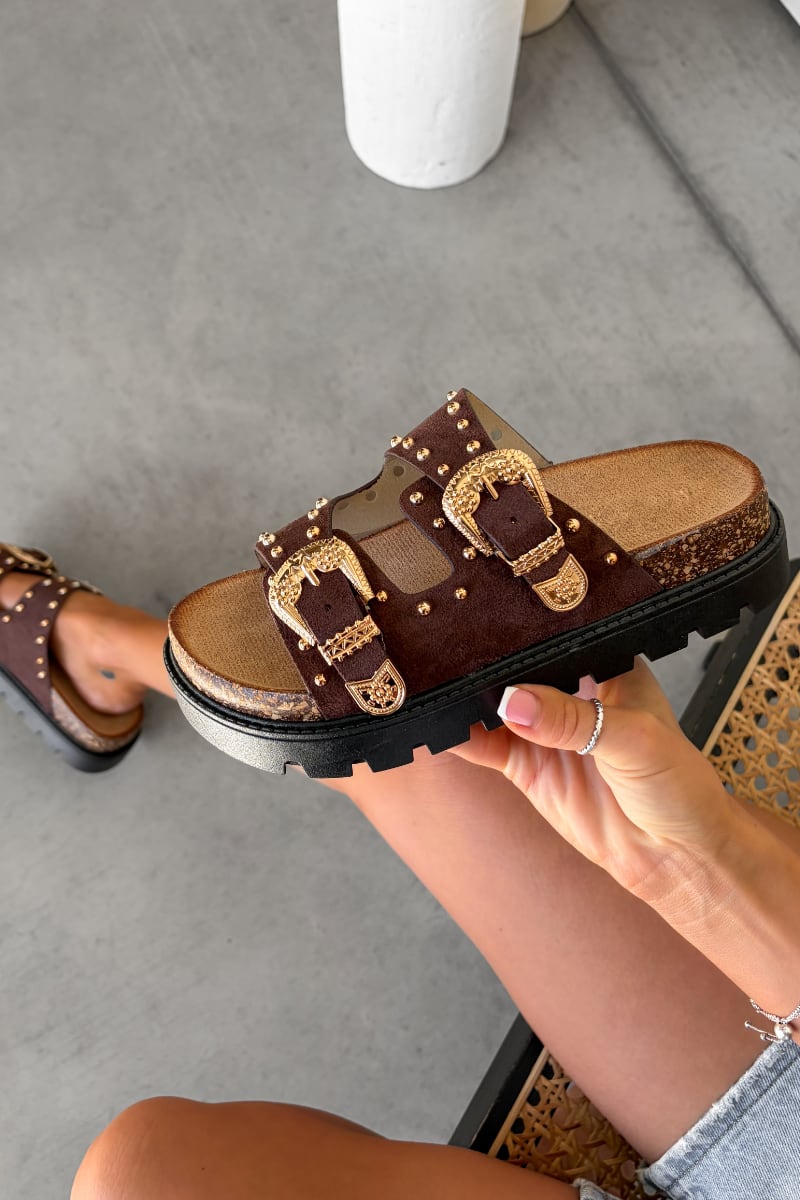 LILA Chunky Studded Buckle Sandals - Brown