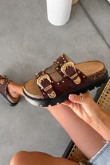 LILA Chunky Studded Buckle Sandals - Brown